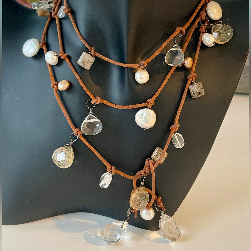 In2Design Copper Suede, Pearl, Crystal & Gemstone Lariat Necklace - 45” Long